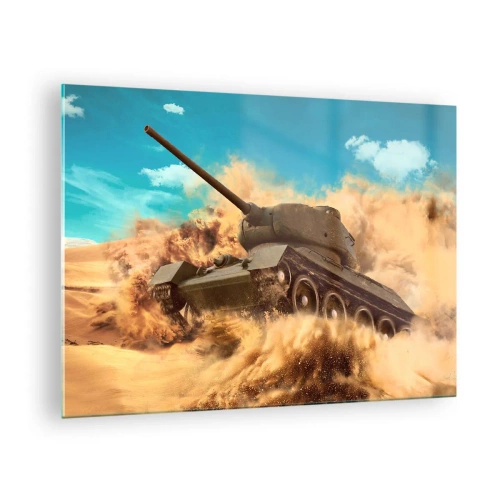 Glastavla - Bild på glas - En stridsvagn i rörelse i en öken med damm som flyger och en ljus himmel - 70x50cm - Oslagbar - Modern väggdekoration för vardagsrum och sovrum ARTTOR