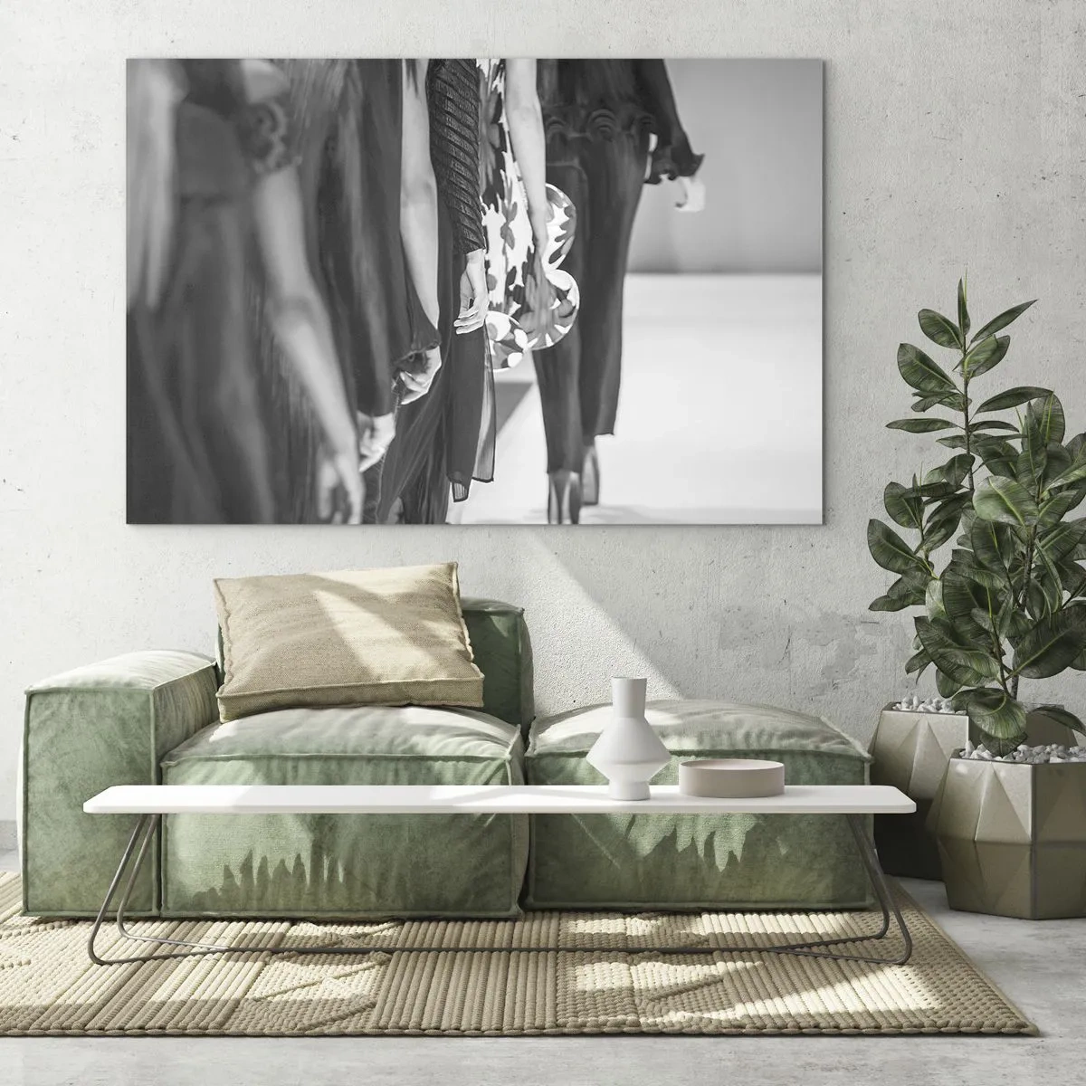 Glastavla - Bild på glas - En svartvit scen från en modevisning med modeller på catwalken. - 70x50cm - En elegant parad - Modern väggdekoration för vardagsrum och sovrum ARTTOR