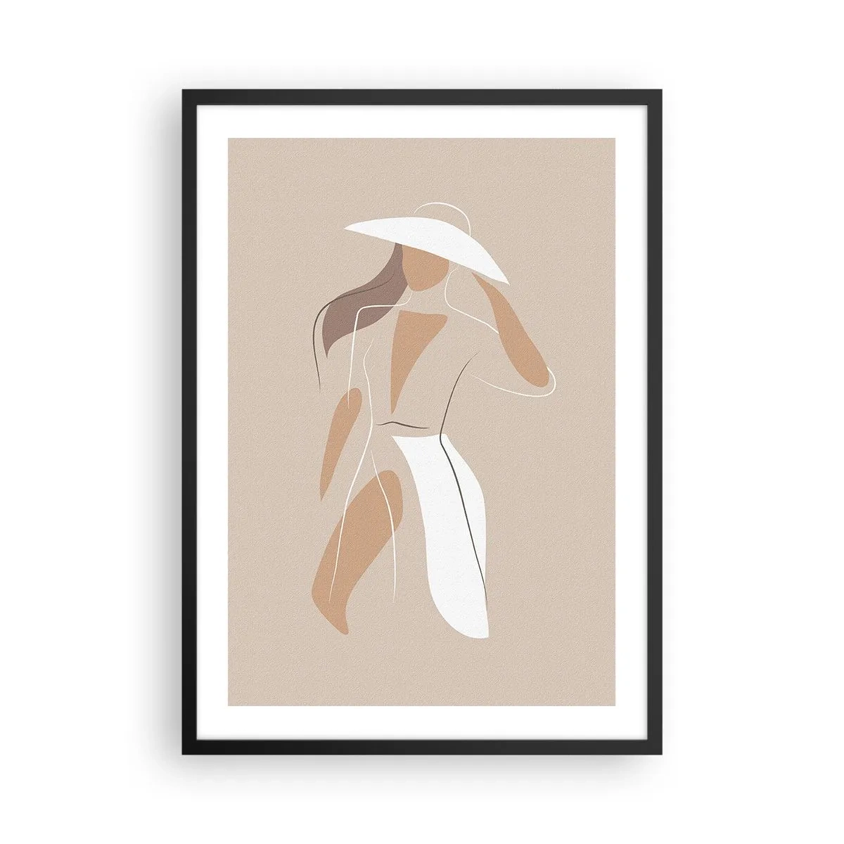 Affisch i svart ram - En minimalistisk silhuett av en kvinna i hatt mot en beige bakgrund. - 50x70cm - Mode är lek - Modern väggdekoration för vardagsrum och sovrum ARTTOR