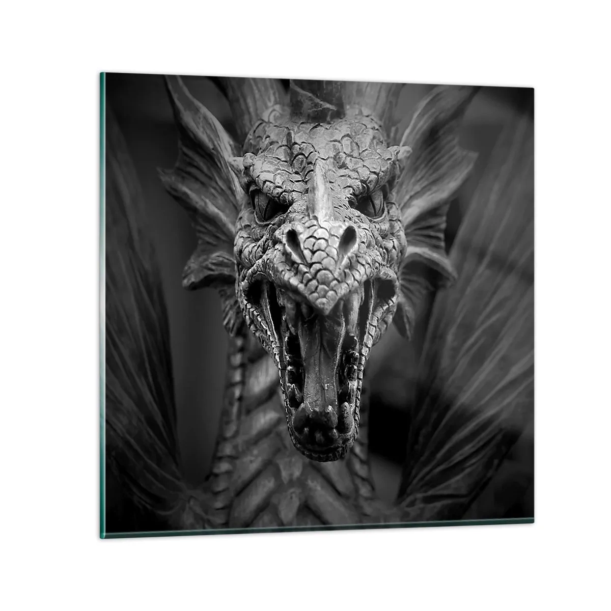 Glastavla - Bild på glas - En sagodrake i grånyans - 50x50 cm