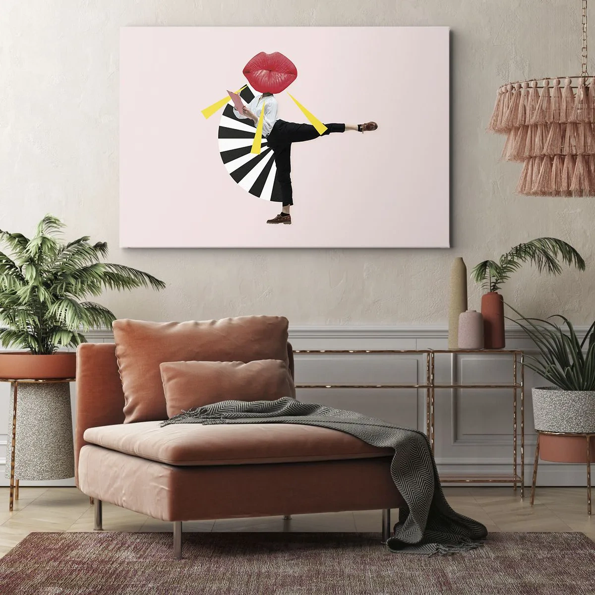 Canvastavla - Bild på duk - Surrealistisk figur med mun och geometriska element - 70x50cm - Surrealistisk pop-art - Modern väggdekoration för vardagsrum och sovrum ARTTOR
