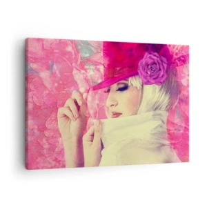 Canvastavla - Bild på duk - Snygg kvinna i en rosa hatt med en blomma - 70x50cm - Retroporträtt i rosa ångor - Modern väggdekoration för vardagsrum och sovrum ARTTOR