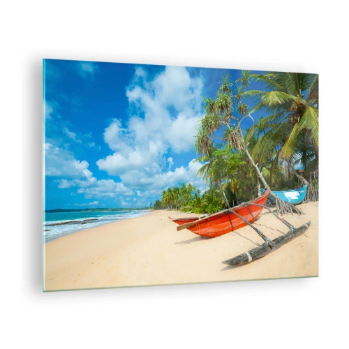 Glastavla - Bild på glas - Tropisk strand med palmer och traditionella båtar - 70x50cm - Tropikens charm - Modern väggdekoration för vardagsrum och sovrum ARTTOR