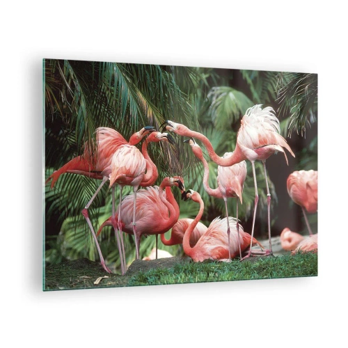 Glastavla - Bild på glas - Flamingos bland tropisk vegetation i livfulla färger - 70x50cm - Eftermiddags skvaller - Modern väggdekoration för vardagsrum och sovrum ARTTOR