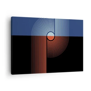 Canvastavla - Bild på duk - Geometrisk abstraktion med linjer i marinblått och orange. - 70x50cm - I en geometrisk kläm - Modern väggdekoration för vardagsrum och sovrum ARTTOR