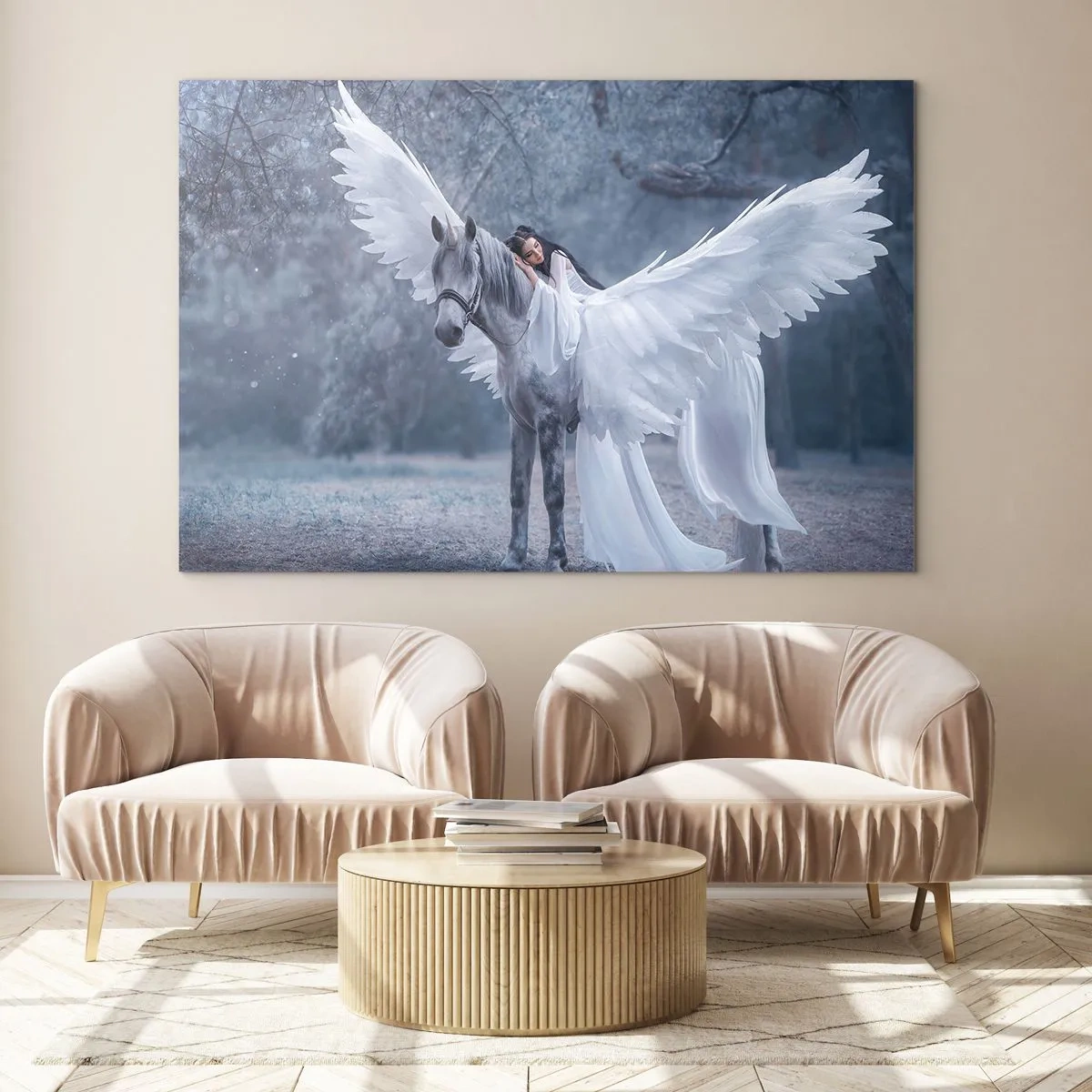 Glastavla - Bild på glas - Pegasus med vita vingar och en kvinna i en klänning i en mystisk skog - 70x50cm - En stund full av inspiration - Modern väggdekoration för vardagsrum och sovrum ARTTOR