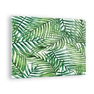 Glastavla - Bild på glas - Gröna palmblad på en vit bakgrund som skapar ett geometriskt mönster - 70x50cm - Under gröna baldakinen - Modern väggdekoration för vardagsrum och sovrum ARTTOR