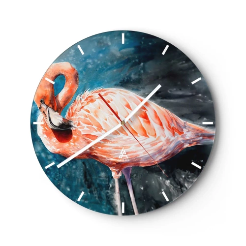 Väggklocka - Klocka på glas - Akvarell flamingo på en mörkblå bakgrund - 30x30cm - Dekorativt till sin natur - Modern väggdekoration för vardagsrum, kök och sovrum ARTTOR