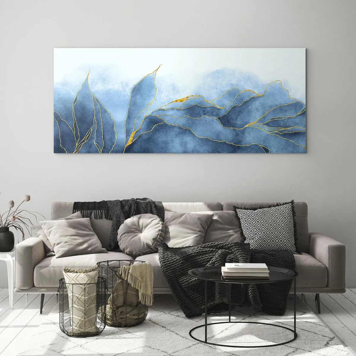 Glastavla - Bild på glas - Blått i guld - 160x50 cm