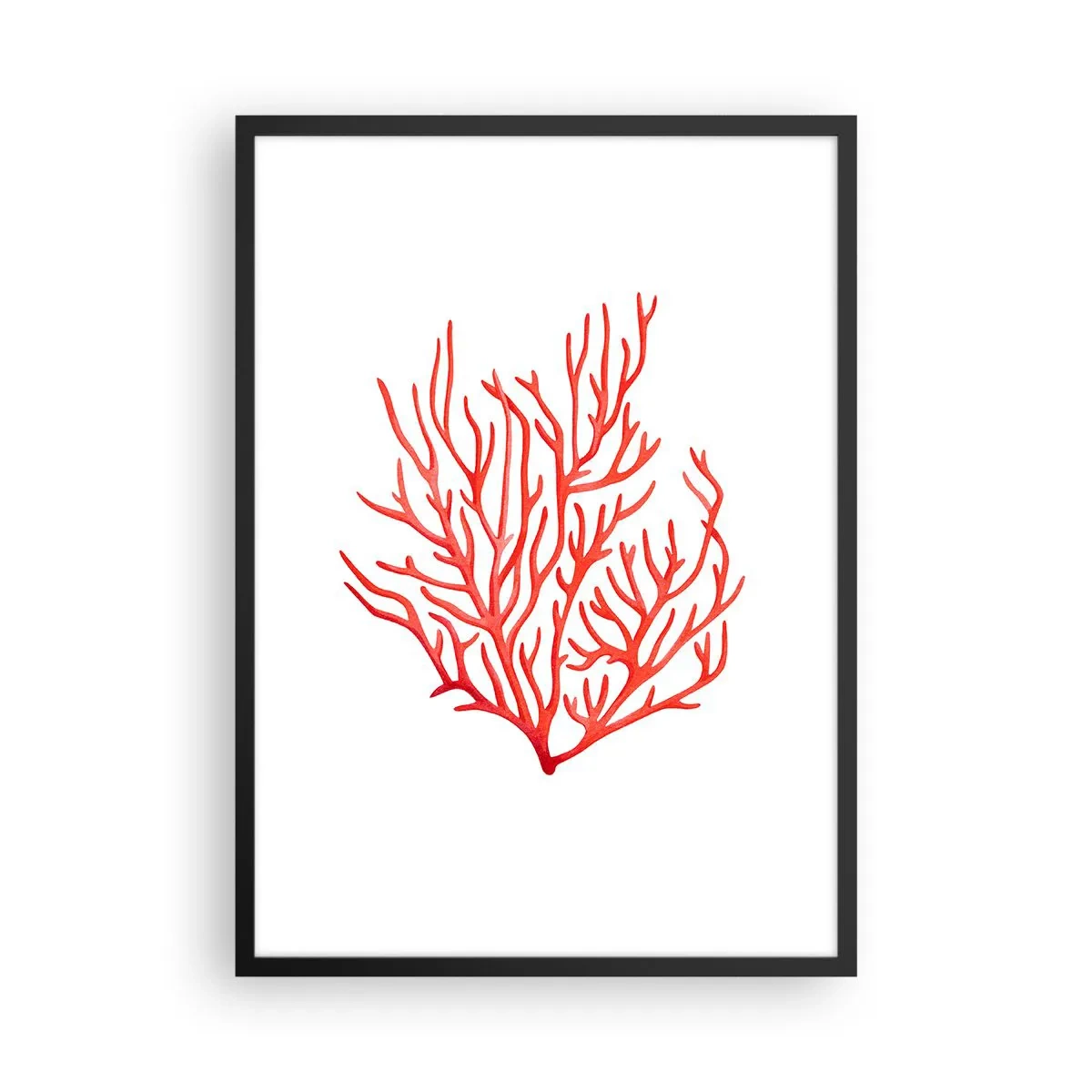 Affisch i svart ram - Röd korall på vit bakgrund i minimalistisk stil - 50x70cm - Filigran av korall - Modern väggdekoration för vardagsrum och sovrum ARTTOR