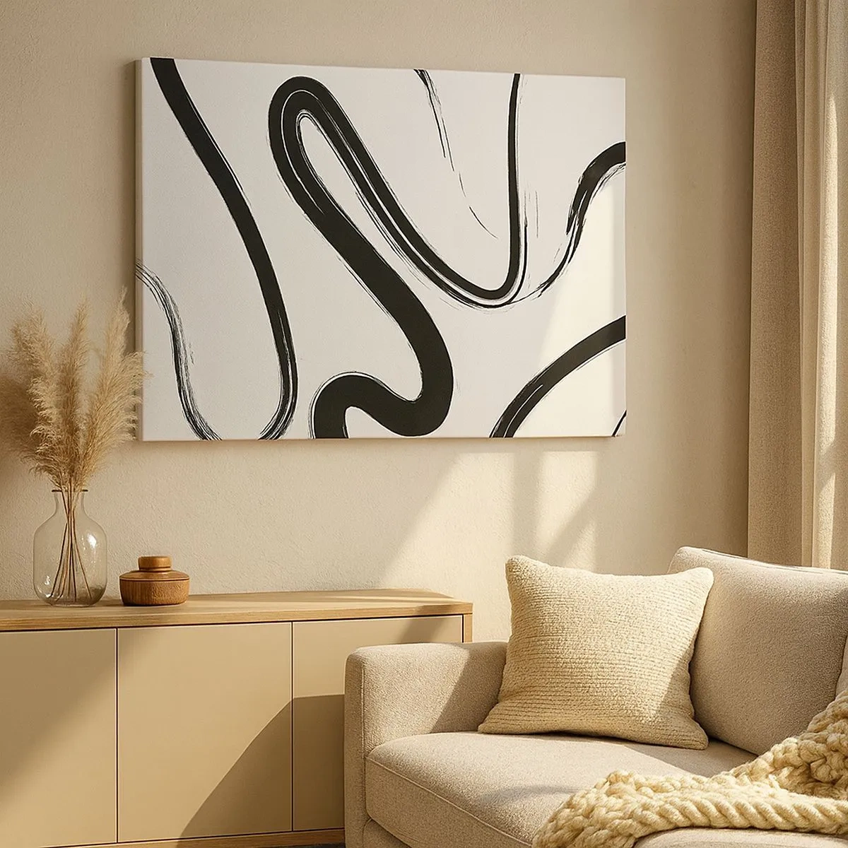 Canvastavla - Bild på duk - Svarta och vita böjda linjer på en ljus bakgrund - 70x50cm - Svart och vit elegans - Modern väggdekoration för vardagsrum och sovrum ARTTOR