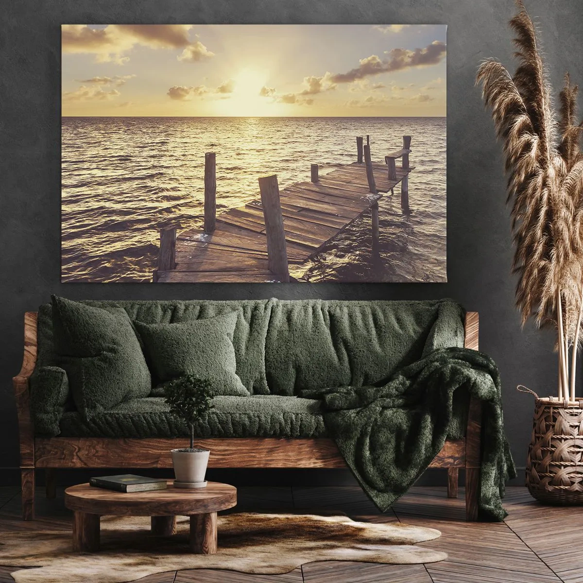 Canvastavla - Bild på duk - En träbrygga som leder mot solnedgången - 70x50cm - Gyllene mildhetslandskap - Modern väggdekoration för vardagsrum och sovrum ARTTOR