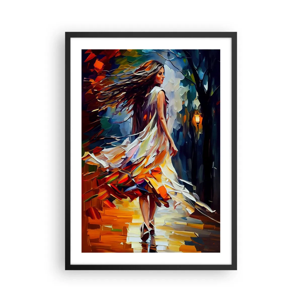 Affisch i svart ram - En kvinna som dansar bland färgglada höstlöv - 50x70cm - Höstflicka - Modern väggdekoration för vardagsrum och sovrum ARTTOR