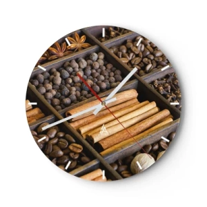 Väggklocka - Klocka på glas - Träpartition med olika kryddor och kaffe - 30x30cm - Aromskattekista - Modern väggdekoration för vardagsrum, kök och sovrum ARTTOR