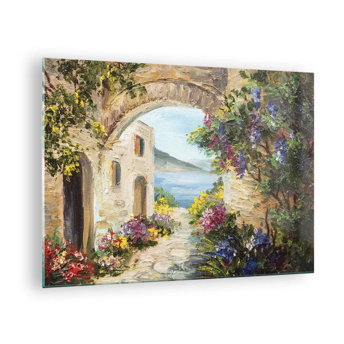 Glastavla - Bild på glas - En pittoresk gata med utsikt över sjön - 70x50cm - Kustprovinsens charm - Modern väggdekoration för vardagsrum och sovrum ARTTOR