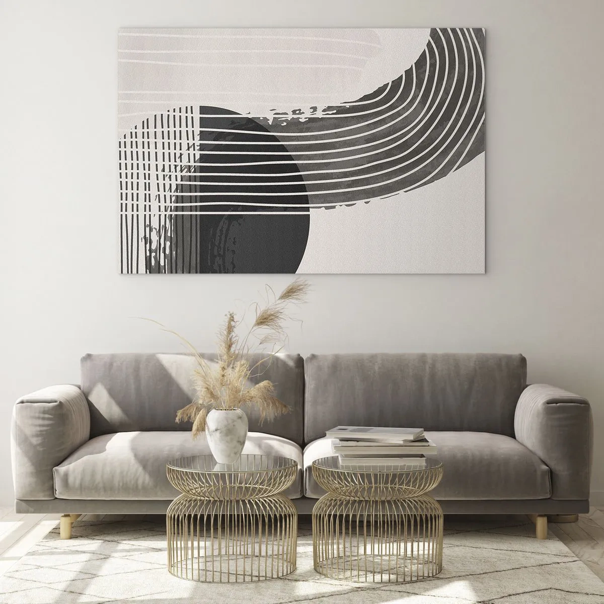 Glastavla - Bild på glas - Svartvit abstraktion med linjer och geometriska former - 70x50cm - Dit och tillbaka - Modern väggdekoration för vardagsrum och sovrum ARTTOR