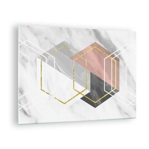 Glastavla - Bild på glas - Gyllene geometriska former på en marmorbakgrund - 70x50cm - Kedjekomposition - Modern väggdekoration för vardagsrum och sovrum ARTTOR