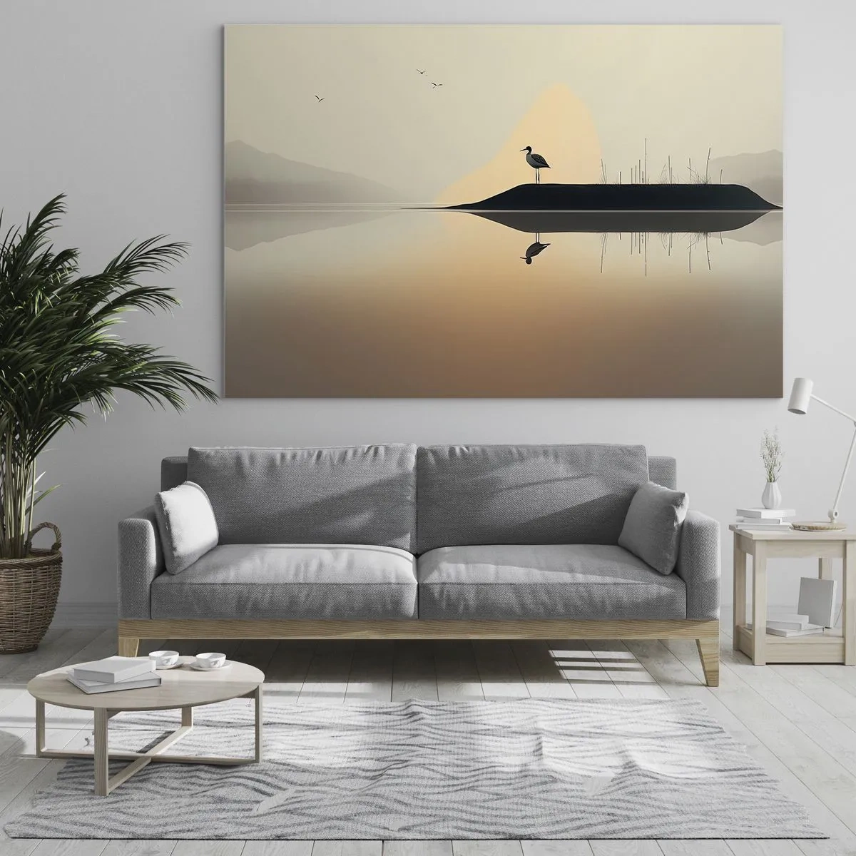 Glastavla - Bild på glas - En häger som står på en ö i det lugna vattnet i en sjö - 70x50cm - Herre på sjön - Modern väggdekoration för vardagsrum och sovrum ARTTOR