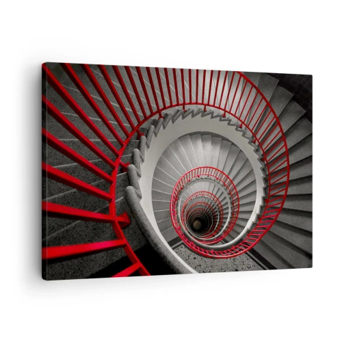 Canvastavla - Bild på duk - Spiraltrappa med röda ledstänger i ett dynamiskt perspektiv - 70x50cm - Arkitektoniska spel - Modern väggdekoration för vardagsrum och sovrum ARTTOR