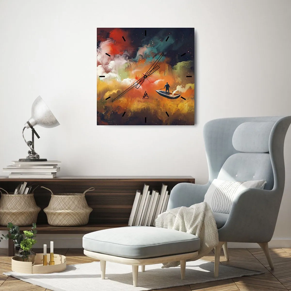 Väggklocka - Klocka på glas - I båten genom galaxen - 40x40 cm