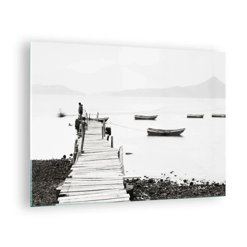 Glastavla - Bild på glas - Svartvit vy över en träpir över en sjö - 70x50cm - Vid tyst och rent vatten - Modern väggdekoration för vardagsrum och sovrum ARTTOR