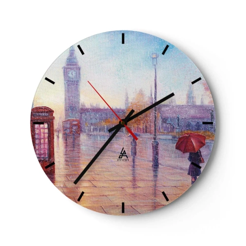 Väggklocka - Klocka på glas - En pittoresk stadsbild med Big Ben och ett rött paraply - 30x30cm - Höstdag i London - Modern väggdekoration för vardagsrum, kök och sovrum ARTTOR