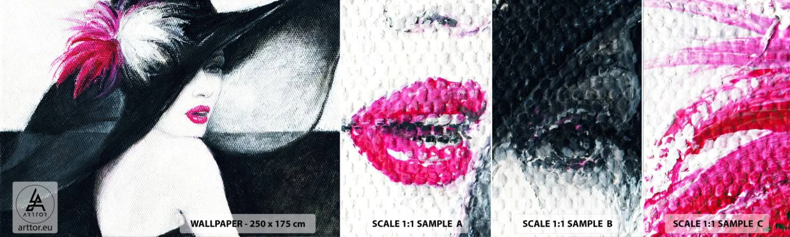 Provbit av självhäftande fototapet Deluxe Sticker - Alltid hemlighet - Kvinna I En Hatt, Kvinnans ansikte, röda läppar - 100x30 cm