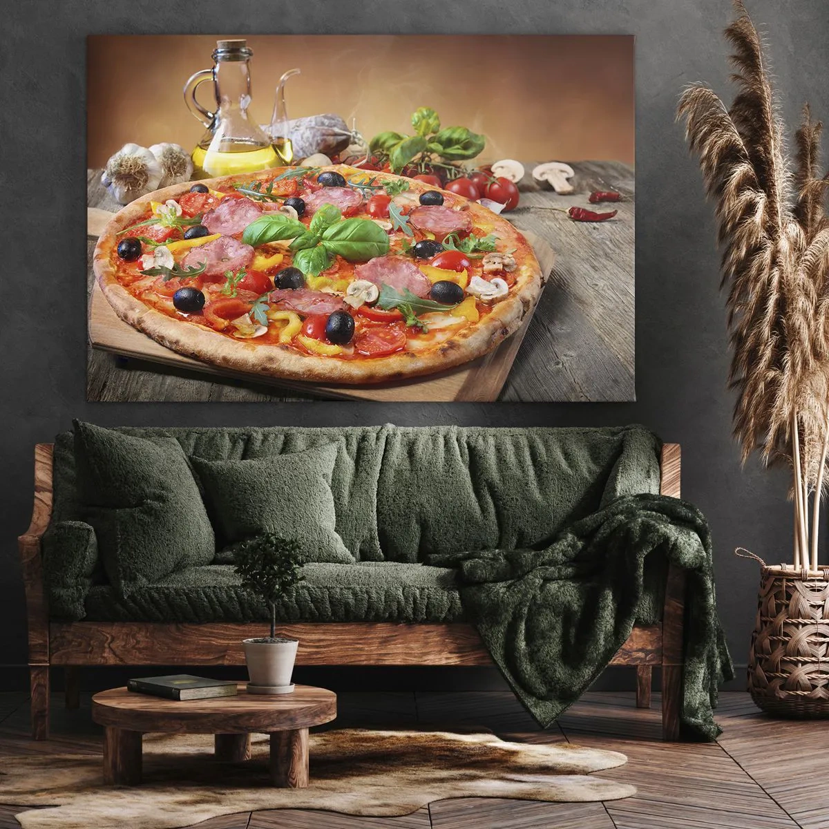 Canvastavla - Bild på duk - Aptitretande pizza på ett träbord med pålägg - 70x50cm - Med riktig italiensk smak - Modern väggdekoration för vardagsrum och sovrum ARTTOR