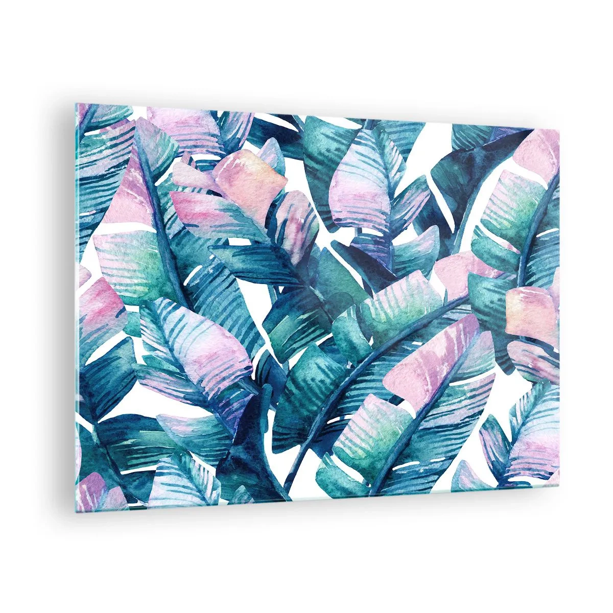 Glastavla - Bild på glas - Bananblad i pastellfärger på vit bakgrund - 70x50cm - I bananträdgård - Modern väggdekoration för vardagsrum och sovrum ARTTOR
