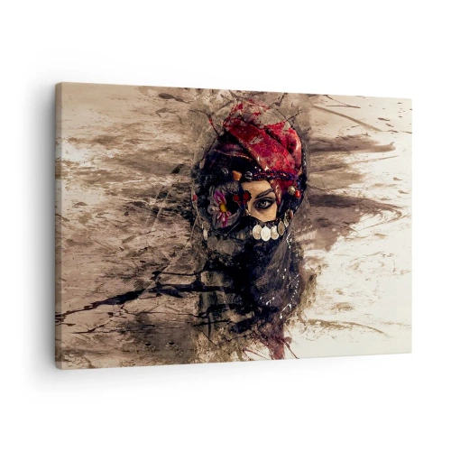 Canvastavla - Bild på duk - Konstnärligt porträtt av en kvinna i orientalisk klädsel mot en abstrakt bakgrund. - 70x50cm - Minst intrigerande - Modern väggdekoration för vardagsrum och sovrum ARTTOR