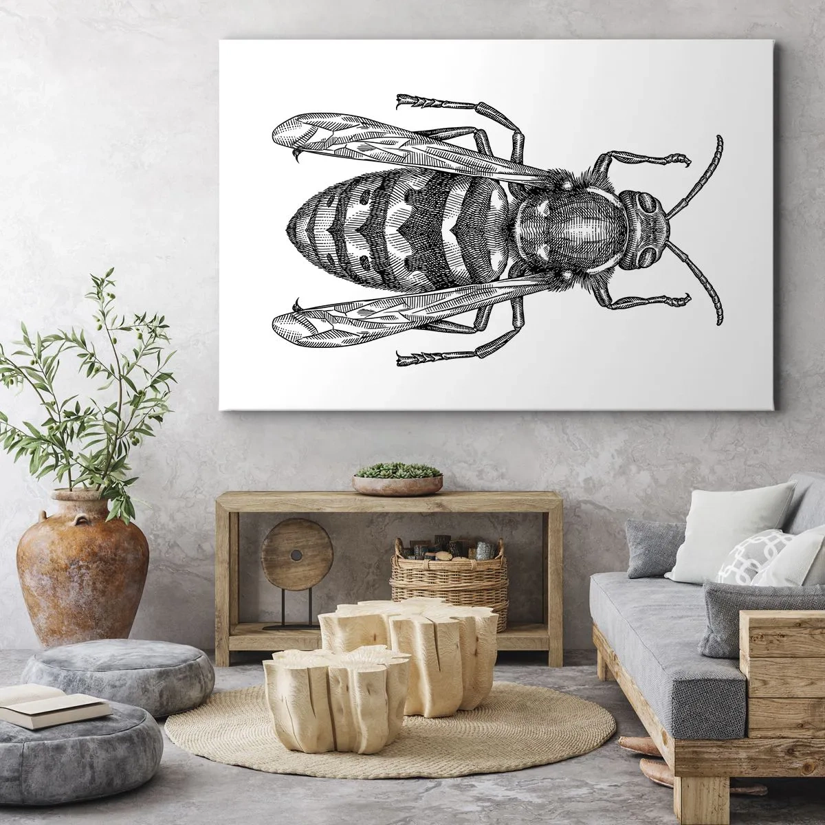 Canvastavla - Bild på duk - Ett tecknat getingmotiv på vit bakgrund i minimalistisk stil. - 70x50cm - Från insektplaneten  - Modern väggdekoration för vardagsrum och sovrum ARTTOR