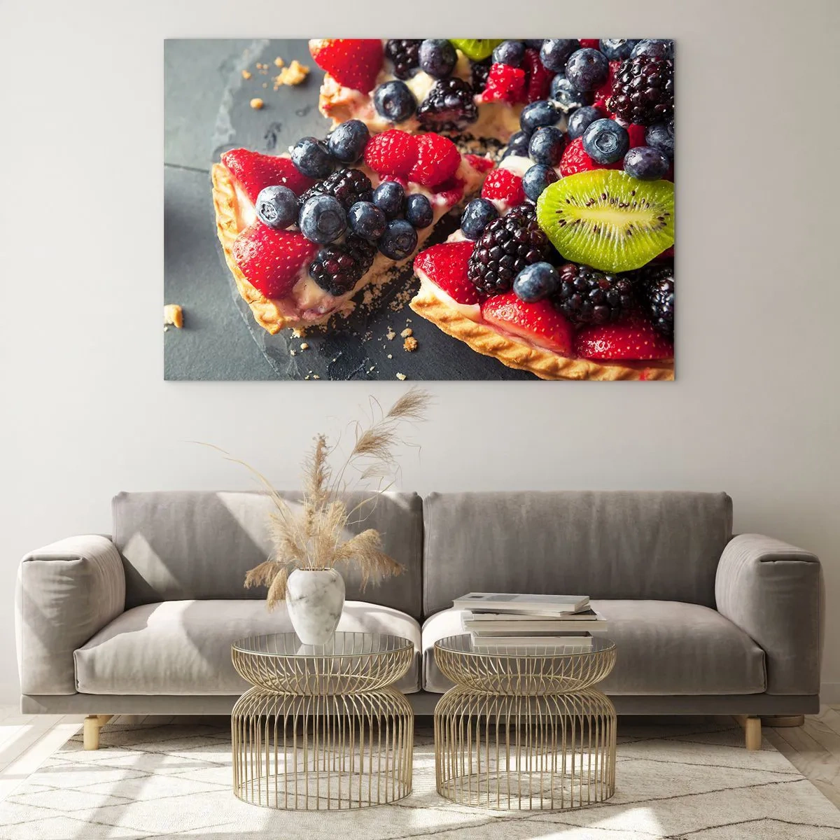 Glastavla - Bild på glas - Frukttarte med blåbär, kiwi och jordgubbar - 70x50cm - Dolce vita! - Modern väggdekoration för vardagsrum och sovrum ARTTOR