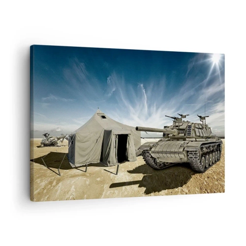 Canvastavla - Bild på duk - En stridsvagn bredvid ett militärtält i ett ökenområde - 70x50cm - Militär dröm - Modern väggdekoration för vardagsrum och sovrum ARTTOR