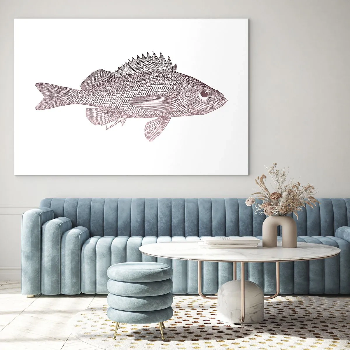 Glastavla - Bild på glas - Grafik av en fisk med ett stort öga i retrostil mot vit bakgrund - 70x50cm - Storögd fisk - Modern väggdekoration för vardagsrum och sovrum ARTTOR