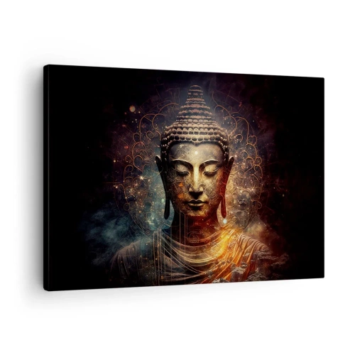 Canvastavla - Bild på duk - Gyllene Buddha på en mörk bakgrund med ornament - 70x50cm - Andlig balans - Modern väggdekoration för vardagsrum och sovrum ARTTOR