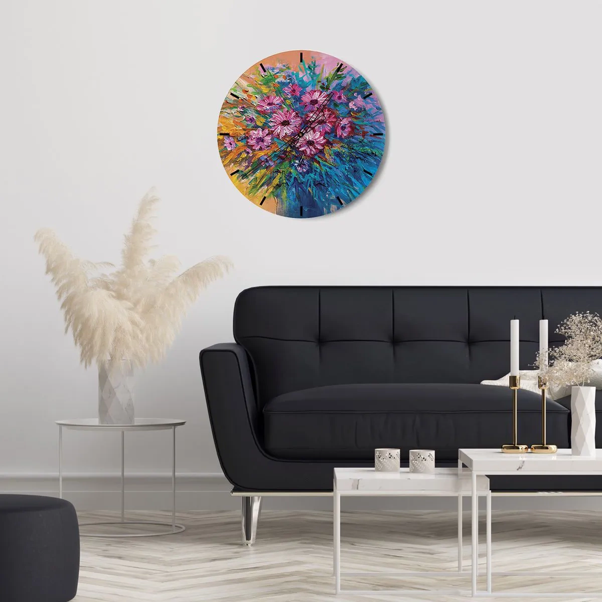 Väggklocka - Klocka på glas - En komposition av färgglada blommor mot en bakgrund av dynamiska färger - 30x30cm - Livets energi - Modern väggdekoration för vardagsrum, kök och sovrum ARTTOR