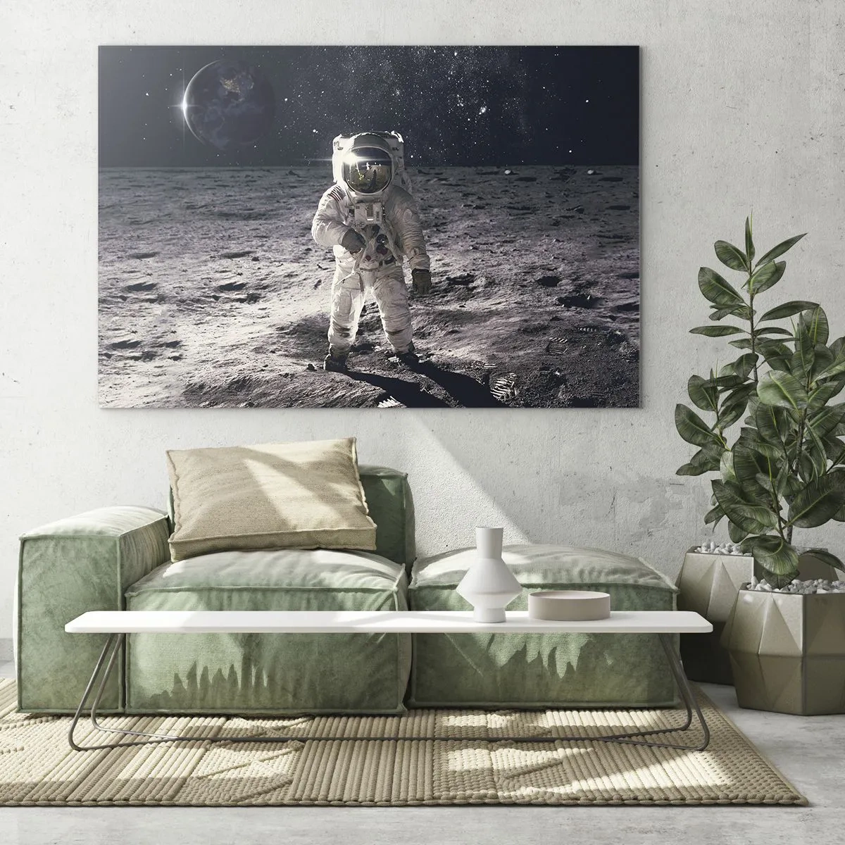 Glastavla - Bild på glas - Astronaut på månens yta med jorden i bakgrunden - 70x50cm - Hälsningar från månen - Modern väggdekoration för vardagsrum och sovrum ARTTOR