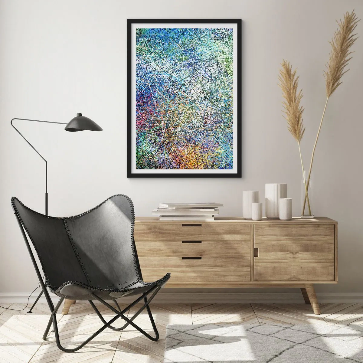 Affisch i svart ram - Färgglad abstraktion med dynamiska linjer och nyanser av blått - 50x70cm - Det är inte så enkelt - Modern väggdekoration för vardagsrum och sovrum ARTTOR