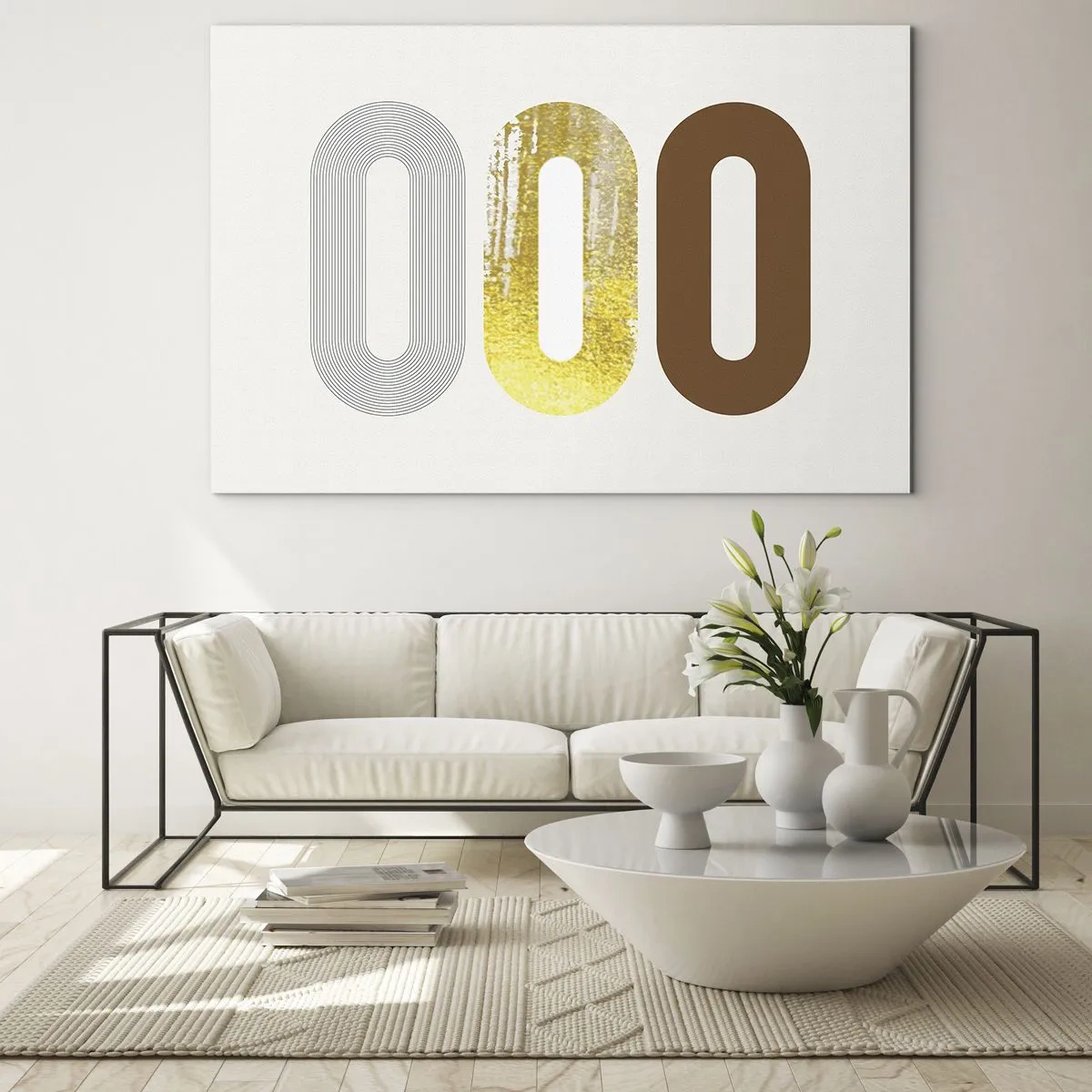Glastavla - Bild på glas - Modern geometrisk grafik i guld och brons - 70x50cm - Ooo! - Modern väggdekoration för vardagsrum och sovrum ARTTOR