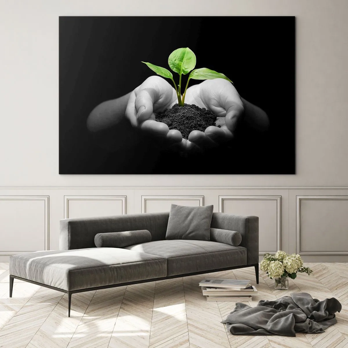 Glastavla - Bild på glas - En ung planta i händerna mot en svart bakgrund - 70x50cm - Jag älskar naturen och skyddar den - Modern väggdekoration för vardagsrum och sovrum ARTTOR