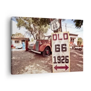 Canvastavla - Bild på duk - Retrobil och Route 66-skylt i rustik miljö - 70x50cm - Amerikanska provinsens legend - Modern väggdekoration för vardagsrum och sovrum ARTTOR
