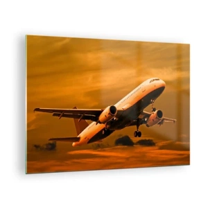 Glastavla - Bild på glas - Ett flygplan som lyfter mot en orange himmel - 70x50cm - Flyga mot solen - Modern väggdekoration för vardagsrum och sovrum ARTTOR