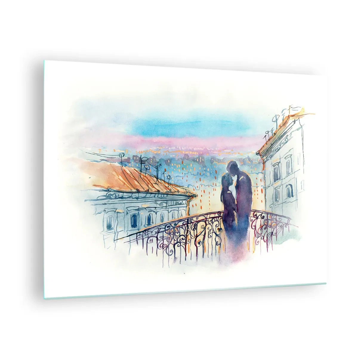 Glastavla - Bild på glas - Par på balkongen njuter av en romantisk solnedgång - 70x50cm - Älskare i Paris - Modern väggdekoration för vardagsrum och sovrum ARTTOR