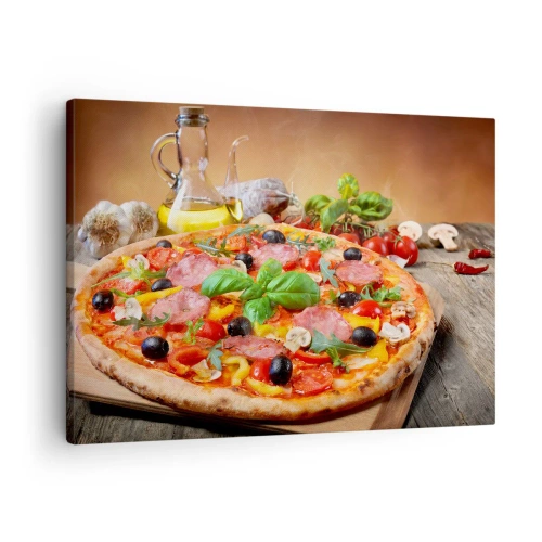 Canvastavla - Bild på duk - Aptitretande pizza på ett träbord med pålägg - 70x50cm - Med riktig italiensk smak - Modern väggdekoration för vardagsrum och sovrum ARTTOR