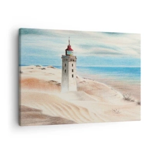 Canvastavla - Bild på duk - En fyr omgiven av sanddyner och en blå himmel - 70x50cm - Tittar alltid i havet - Modern väggdekoration för vardagsrum och sovrum ARTTOR