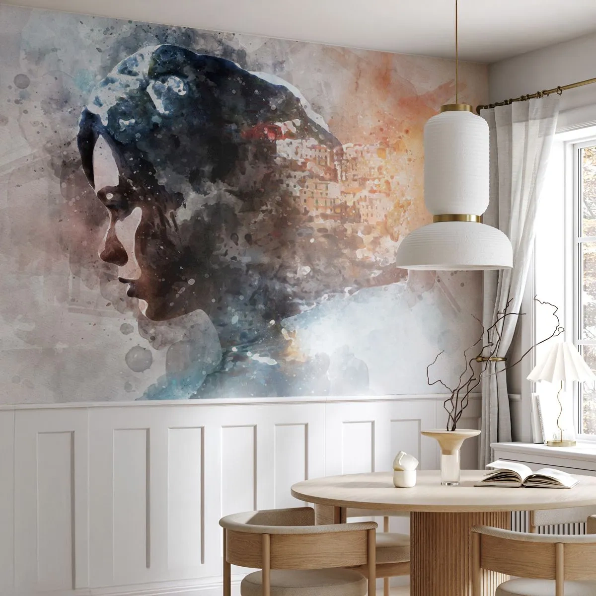 Självhäftande Fototapet Deluxe Sticker - Berättelse om en tjej med en stad i bakgrunden - Abstraktion, Kvinna, Arkitektur - 250x175 cm