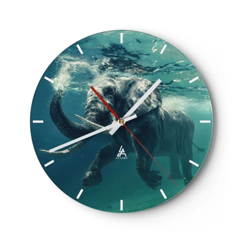 Väggklocka - Klocka på glas - En elefant som simmar under vattnet i sin naturliga omgivning - 30x30cm - Alla tycker om att simma - Modern väggdekoration för vardagsrum, kök och sovrum ARTTOR