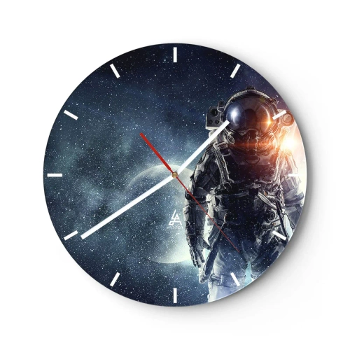 Väggklocka - Klocka på glas - Astronaut i rymden med en planet och stjärnor i bakgrunden - 30x30cm - Äventyr i rymden - Modern väggdekoration för vardagsrum, kök och sovrum ARTTOR