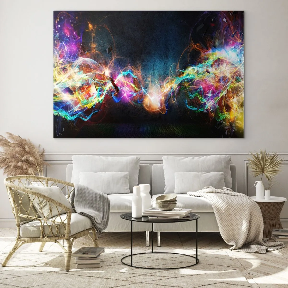 Glastavla - Bild på glas - Abstrakta ljus och färgglad energi i futuristisk stil - 70x50cm - Glatt mot mörkret - Modern väggdekoration för vardagsrum och sovrum ARTTOR