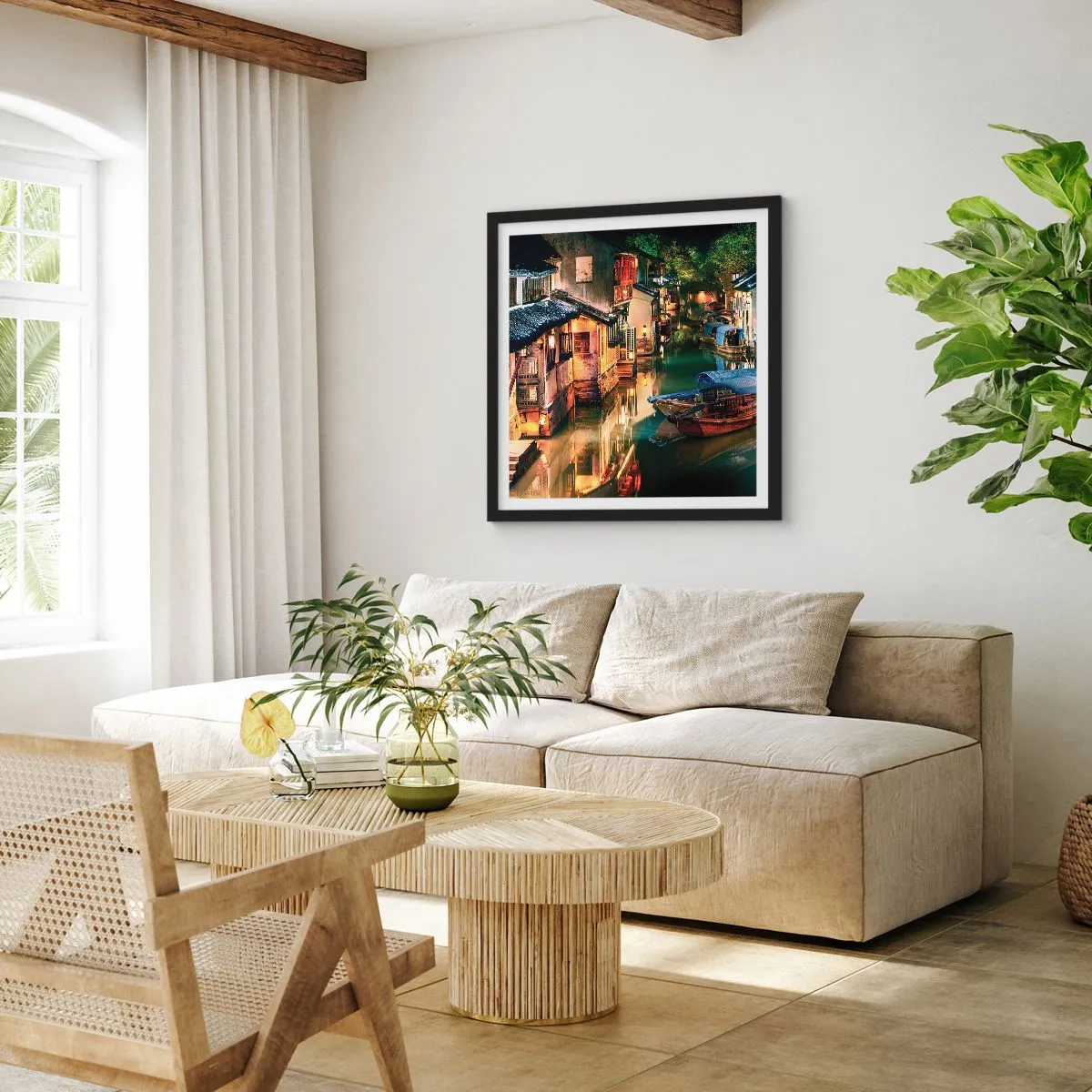 Affisch i svart ram - En kväll på kinesisk gata - 50x50 cm